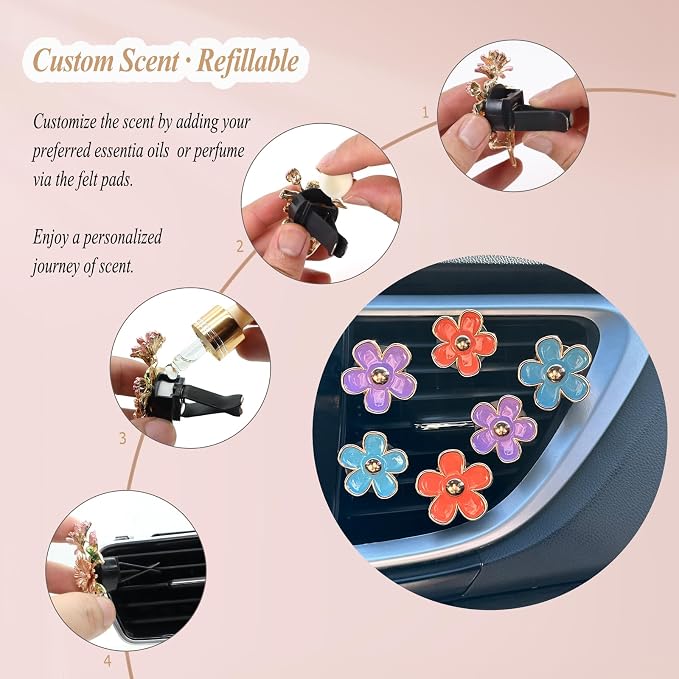 ORIESSE 6pcs Flower Car Air Freshener Vent Clips,Purple Orange Blue Daisy Flowers Air Vent Clip Car Accessories for Women 3.3cm/3cm Flower Girly Vehicle Decor,Refillable Diffuser