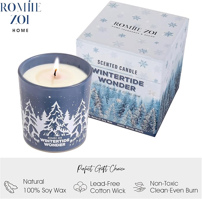 ROMIIE ZOI Christmas Scented Jar Candle - 6oz Soy Wax Candle - Wintertide Wonder Infused with Winter Woods Aroma - with Beautiful Keepsake Box Special for Christmas/Holiday Gifts