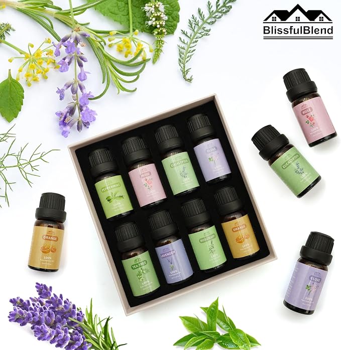 8 Pcs×10ml Pure Essential Oils for Diffuser for Home Care, Perfume, Candle and Soap Making - Peppermint, Lavender, Rose, Clove-Organic Essential Oils Set for Women and Mom Gift