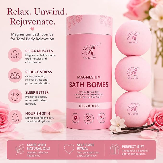 Magnesium Bath Bombs Rose Gift Set for Women & Men – Rose, Jasmine & Vanilla Essential Oils – Epsom Salt for Stress Relief, Muscle Recovery & Post-Workout Relaxation – Sleep Support Spa Self Care