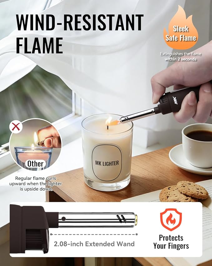 MK Candle Lighter, Butane Refillable Wind-Resistant Flame, 4-Pack for BBQ, Camping, Outdoor Use (Neutral-4PC)