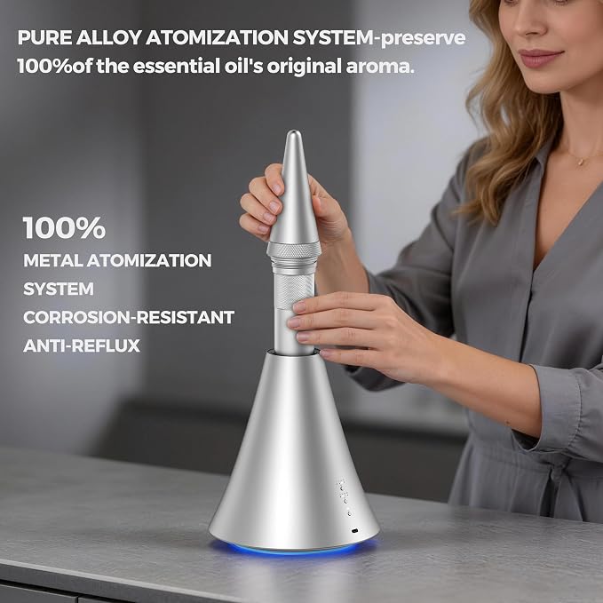 Waterless Diffuser, 2000 Sq.Ft Coverage，Essential Oil Diffuser with Bluetooth App Remote Control, Adjustable Mist Mode, Timer, Mood Lights Aromatherapy Diffuser for Home, Office, Hotel