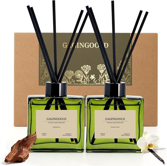 Reed Diffuser Set of 2, 4 fl oz Earthy Sandalwood & Vanilla Cream Scent Diffuser with 20 Sticks, 180 Days Long Lasting Elegant Home Fragrance for Bathroom Bedroom Decor Air Fresh