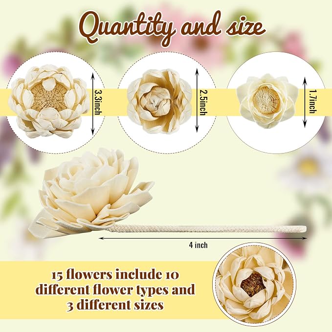 Waydress 15 Pcs Mixed Reed Diffuser Sticks Flowers, Wood Flower Diffuser Reeds Refill with Rope, Sola Reed Diffusers Set for Bathroom, Bedroom, Home Decor(1.57-3.35 Inches,Cute)