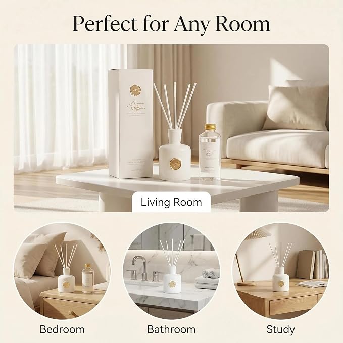 Reed Diffuser Set-White Musk-Strong Scent,Long-Lasting Evaporation with Natural Reed Sticks & Essential Oils, Elegant Fragrance for Bathroom Bedroom OfficeDecor Air Fresh-Ideal Gift