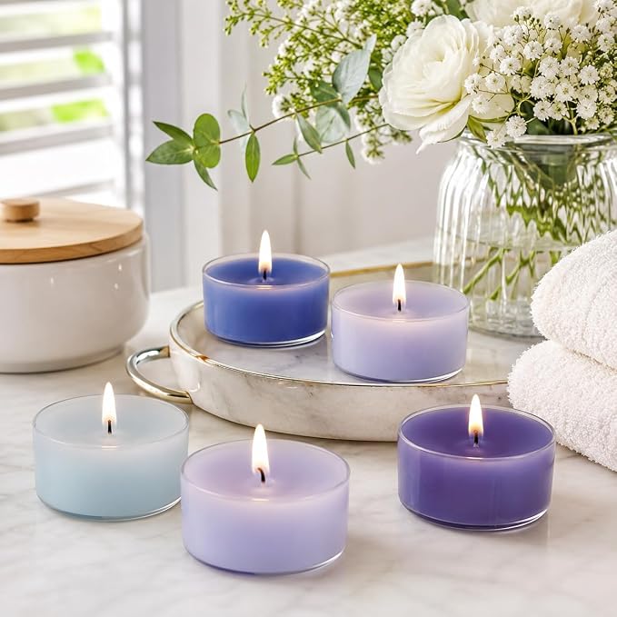 Blue Ombre Tea Lights Candle Set of 24, Sea Salt Scented Tealight Candles, Handmade Tea Candles, Long Burning Tealights for Romantic Wedding Home Decor Gift