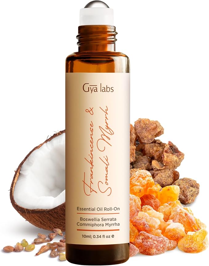 Gya Labs Frankincense and Somali Myrrh Essential Oil Roll on - Frankincense for Face, Myrrh for Skin, Body Ache Comfort, Aromatherapy, Travel Size (0.34 Fl Oz)