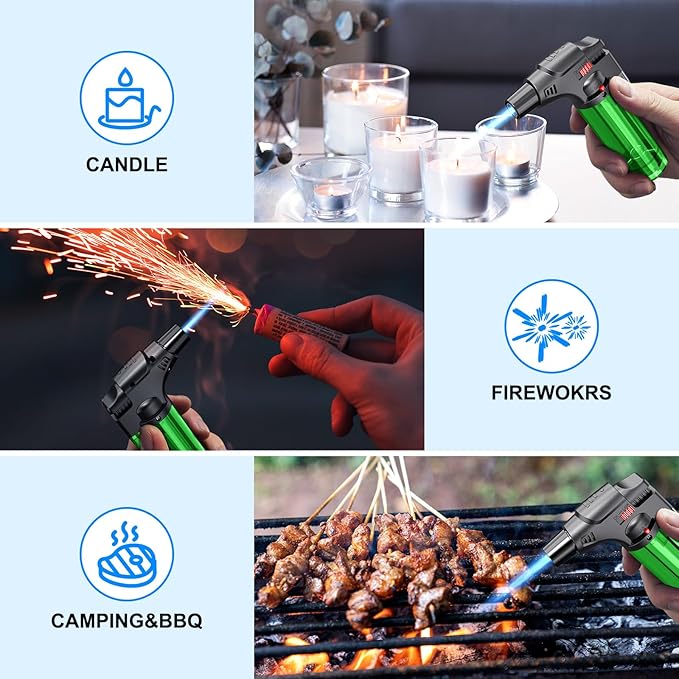 Torch Lighters, 4 Pack, Butane Refillable Jet Flame Torch Lighter, Windproof, Safe, Multi Utility Lighter for Candles, Fireplaces, Campfires, Grill (Without Butane) (Black/Red/Blue/Green)