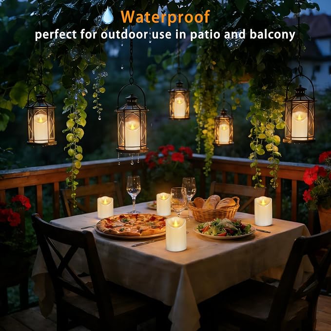 Pure White Flameless Candles, Patented 3D Dual-LED, Set of 6 Slanted Plastic Pillars with 2 Remotes, Waterproof Non-Melting Battery Operated Decor for Patio Lanterns, White