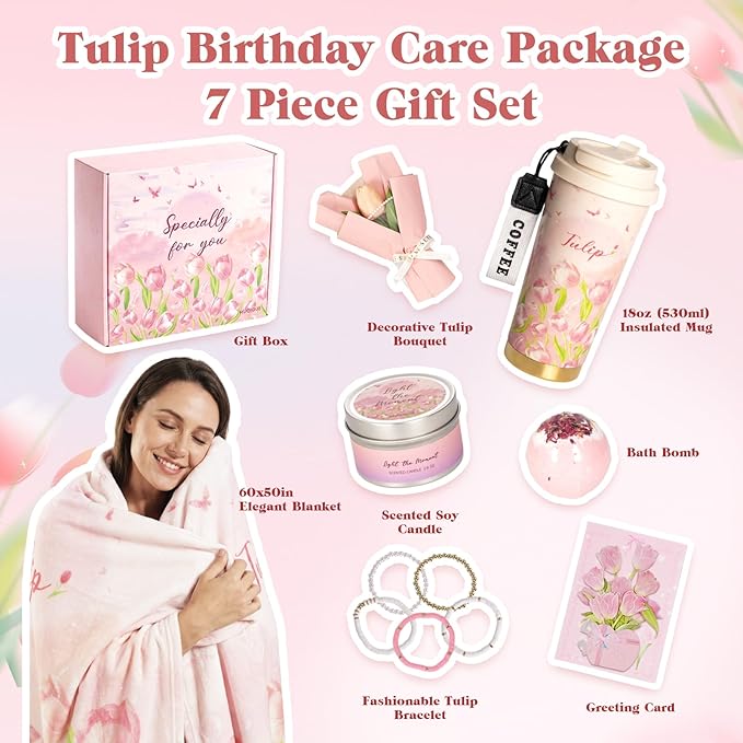 Mothers Day Gifts for Women, Tulip Gift Basket for Mom Self Care Spa Gift Set Get Well Soon Care Package Recovery Birthday Teacher Appreciation Gifts Thinking of You for Wife Girlfriend Sister