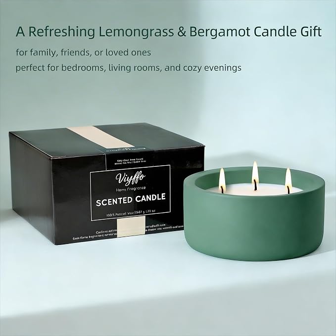 Viyffo 20oz Large Scented Candle - Lemongrass & Bergamot, 3 Wick Home Scented Candle for Women and Men, Non Toxic Soy Candle, Green Ceramic Jar, Luxury Home Fragrance, Room Décor & Birthday Gift