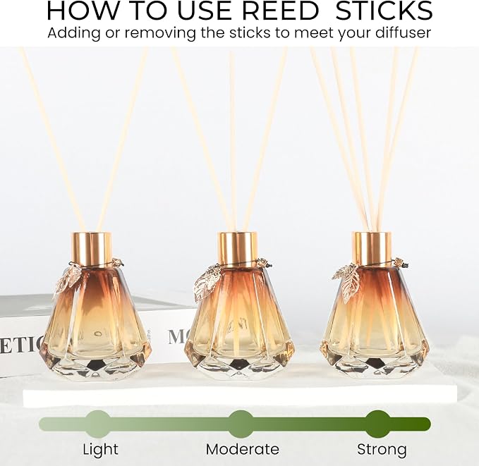 Reed Diffuser Set - 4 Empty Bottles with 20 Sticks, Delicate Gold Leaf Decor, Glass Fragrance Diffuser with Lids for Home, Bathroom | Refillable, Diamond Style (4 PCS Gold)