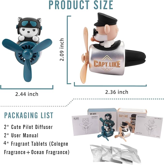 2pcs Car Air Fresheners Cute Cartoon Dog Pilot Automotive Air Outlet Propeller Car Diffuser Creative Car Perfume Decoration for Car Vent Clips Comes with 4 Fragrant Tablets (Husky + Shiba Inu)
