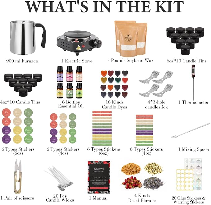 SAEUYVB Candle Making Kit, Candle Making Kit for Adults - DIY Starter Soy Candle Making Supplies-Including Soy Wax,Electric Stove,Melting Pot,Candle Wicks,Rich Scents,Stickers,Etc