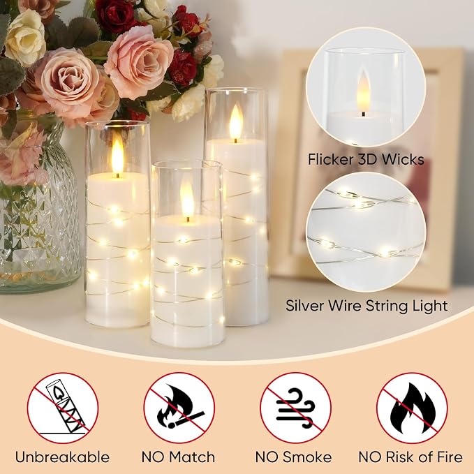 Raycare Flameless Candle with Remote Timer – 5 Flickering Acrylic Battery Operated LED Pillar Candles with Embedded Star String for Christmas, Wedding, Home Decor, and as a Gift(White)