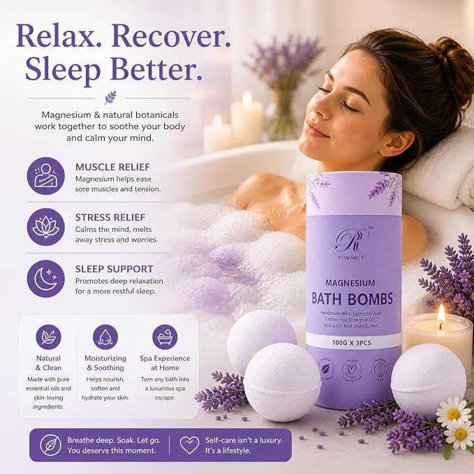 Magnesium Lavender Bath Bombs Gift Set – XL Epsom Salt Bath Bombs for Muscle Recovery, Stress Relief & Post-Workout Relaxation with Melatonin & Arnica Spa Gift for Women & Men Melatonin (Lavender)