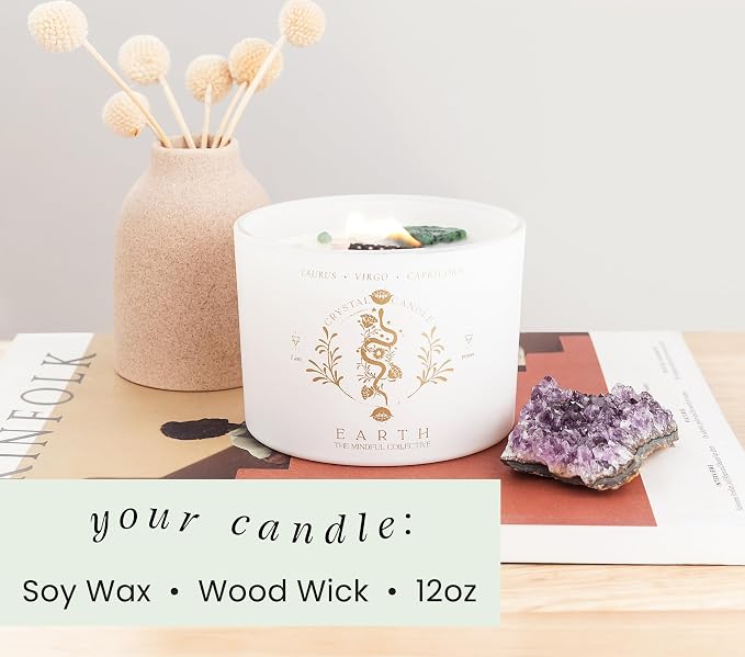 Taurus Virgo Capricorn Gifts for Women - 12oz Wood Wick Candles that Crackle with Crystals and Healing Stones. Healing Crystal Candles for Women Home Scented. Soy Wax, for Zodiac Birthdate