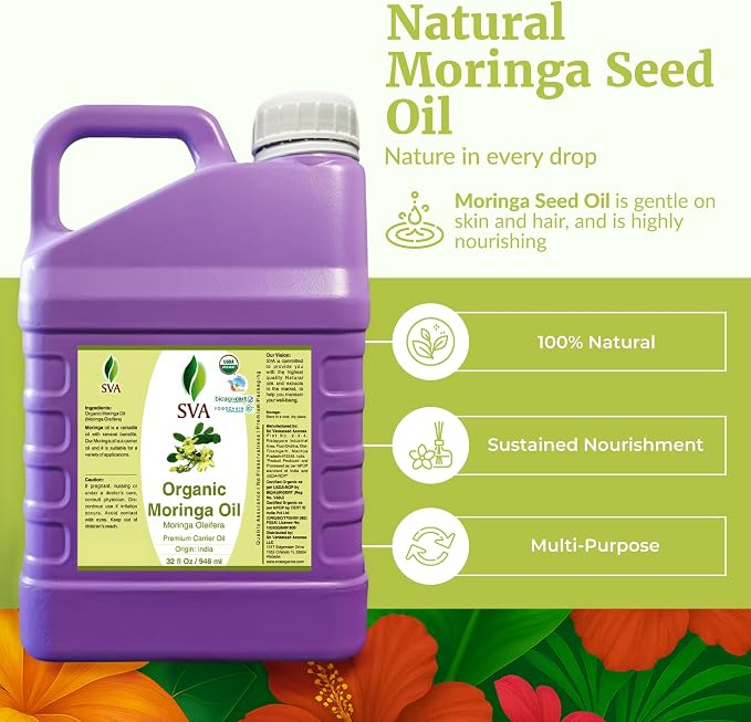 SVA Moringa Seed Oil Organic - 32 Fl Oz – 100% Natural Cold Pressed Moringa Oil - for Face, Skin Care, Hair Care, Scalp Massage & Body Massage – Carrier Oil with Dropper
