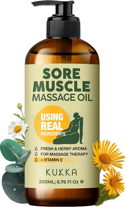 Kukka Sore Muscle Massage Oil for Fast-Absorbing Massage - 6.76 Fl Oz - Made with Arnica Oil, Eucalyptus, Roman Chamomile - for Sore Body & Stiff Muscles - Multipurpose for All Skin Types