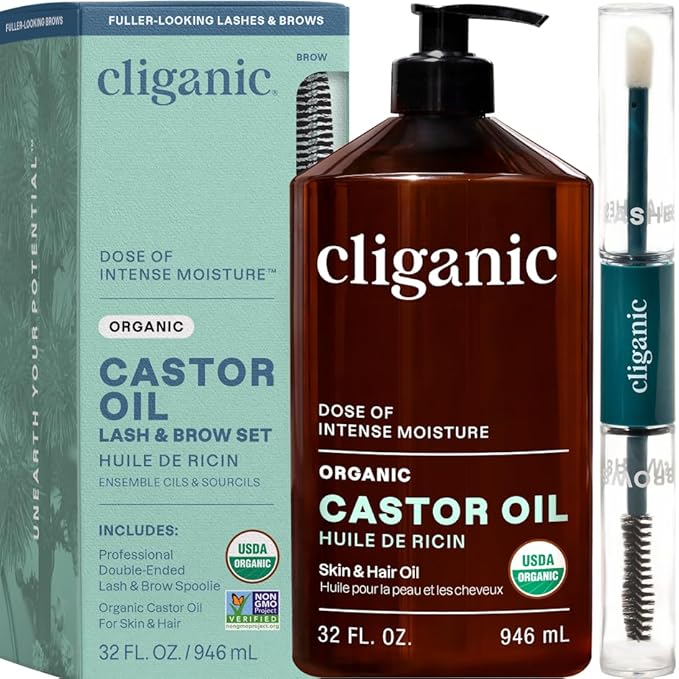 Cliganic Organic Castor Oil, 100% Pure (32oz with Eyelash Kit) - For Eyelashes, Eyebrows, Hair & Skin | Natural Cold Pressed Unrefined Hexane-Free