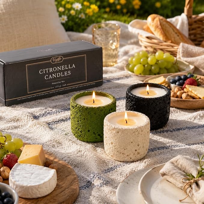 Viyffo 3 Pack Citronella Candles Outdoor, Citronella Candle Set, Outside Decorative Scented Candles, Non Toxic Soy, Colorful Ceramic Jar for Patio, Backyard Décor & Camping Gift (6oz, 12H+ Burn Each)