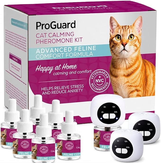 ProGuard® Cat Calming Diffuser Kit with Timer – Advanced Support to Reduce Stress, Spraying, Scratching, Fighting and Hiding – Cat Pheromone Diffuser 9-in-1 with 3 Diffusers with Timer + 6 Refills