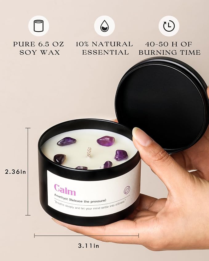 AOOVOO Crystal Soothing Candles Set for Women - 4 Pack 26 oz Soy Wax Candle for Home Scented, 200 Hour Long Lasting Candle, Calm Amethyst/Serenity Clear Quartz/Harmony Rose Quartz/Balance Lapis Lazuli