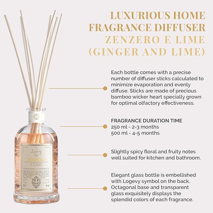 Logevy Firenze 1965 Zenzero e Lime – Ginger & Lime Luxury Home Fragrance Diffuser from Master Perfumer with Spicy, Floral & Fruity Notes in Elegant Glass Bottle with 12 Natural Bamboo Reeds – 500ml