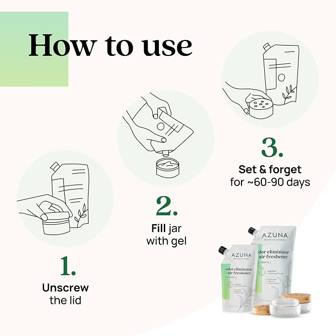 Azuna Air Freshener & Odor Eliminator for Strong Odor | 2 Room Kit Includes (2) 8 oz. Empty Luxe Glass Jars & 12 oz | Refill with Tea Tree Essential Oil Gel | Natural Scent | Last 60-90 Days