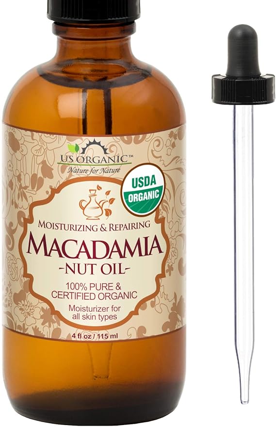 US Organic Macadamia Nut Oil Unrefined Virgin, Certified Organic, Pure & Natural, Cold Pressed, Sourced in Kenya, in Amber Glass Bottle w/Glass Eye dropper for Easy Application (4 oz (Large))