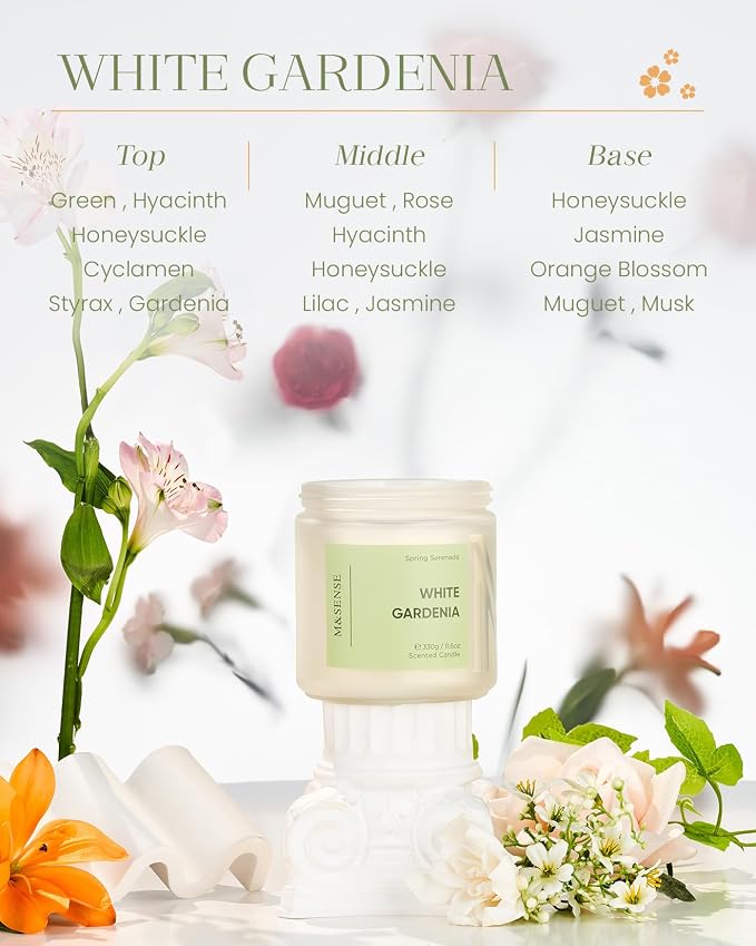 M&SENSE White Gardenia Scented Candle, 11.6oz Natural Soy Wax Non Toxic, 70-Hour Long Lasting Burn Time, 2-Wick Aromatherapy Gifts for Her, Spring Home Refresh & Romance