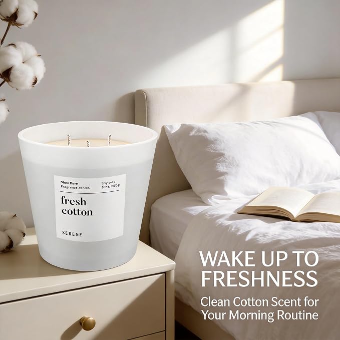 Hidden Label Fresh Cotton Scented Candle, Non Toxic 30oz Large 3-Wick Soy Wax Candle, Up to 120 Hours Long Burning, Clean Cotton Home Fragrance for Bedroom, Relaxation & Housewarming Gift