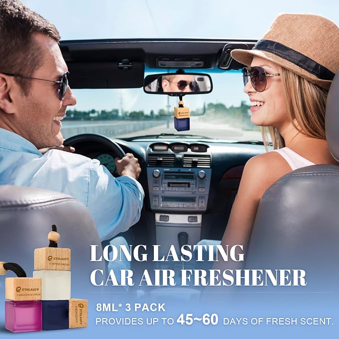 Car Air Freshener Hanging, 3 Pcs Cotton Fresh, Fresh Linen, Cardamom & Cedar, Car Scent Air Fresheners Diffuser for Car, 45+ days Long Lasting Fragrance, 0.27 FL OZ/8ML