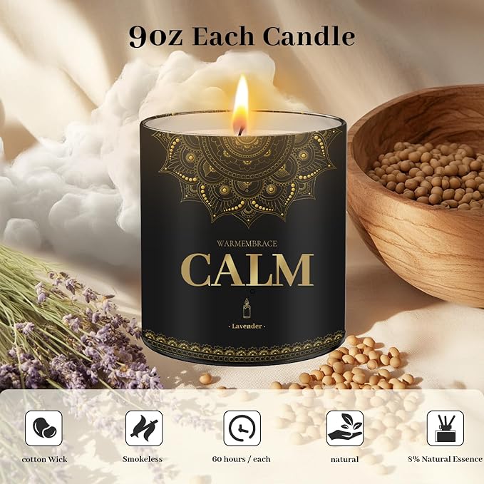 WarmEmbrace Scented Candles, 9 Oz Candle Sets for Home, Office, Meditation, Yoga, Candle Set for Women & Men, Father's Day, Birthday, Christmas, Anniversary Present (2 Pack, Lavender & Vanilla)