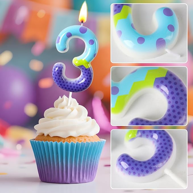 Number 3 Birthday Candle for Cake – Colorful Polka Dot & Patchwork Design – Fun Cake Topper Decoration for Birthday Celebration