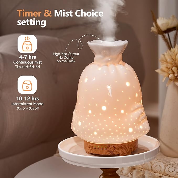 160ML Ceramic Diffuser for Essential Oils Lucky Bag Aromatherapy Diffuser Ultrasonic Cool Mist Humidifier with Intermittent Mist Modes Waterless Auto Off for Room Office