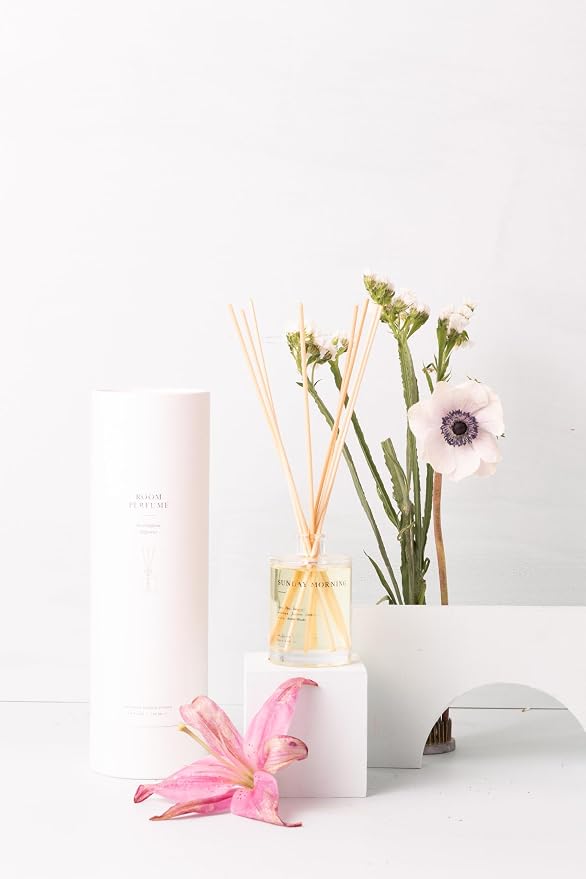 Brooklyn Candle Studio Reed Scent Diffuser - Sunday Morning - Relaxing Oil Diffuser, Pear, Jasmine & Amber Fragrance, 8 Rattan Diffuser Reeds, Clean Ingredients - 3.7oz