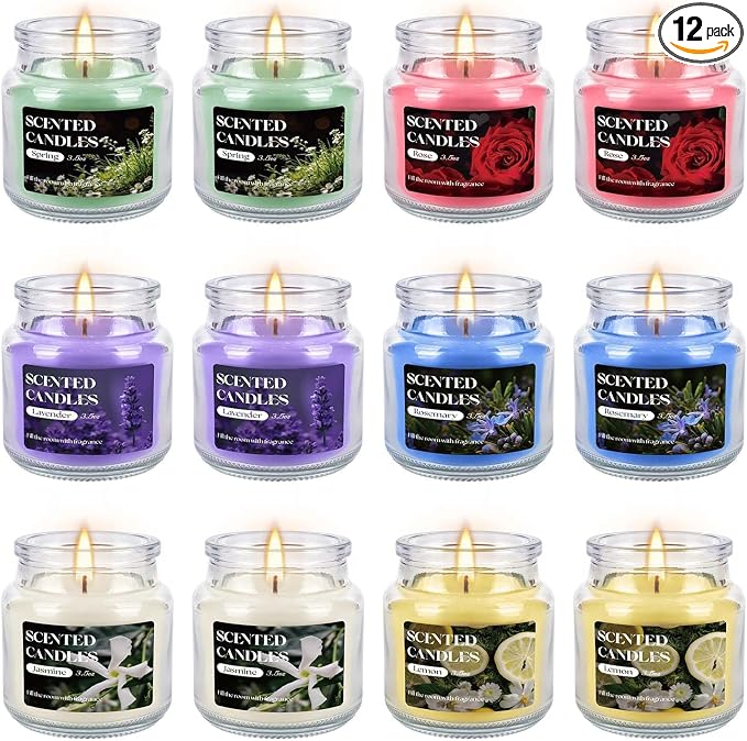 12 Pack Scented Candles Set - 3.5oz Soy Wax Aromatherapy Candles with 6 Fragrances, Long Burning Glass Jar Candles for Home Bedroom Kitchen Bathroom Dining, Gift Set for Women Men