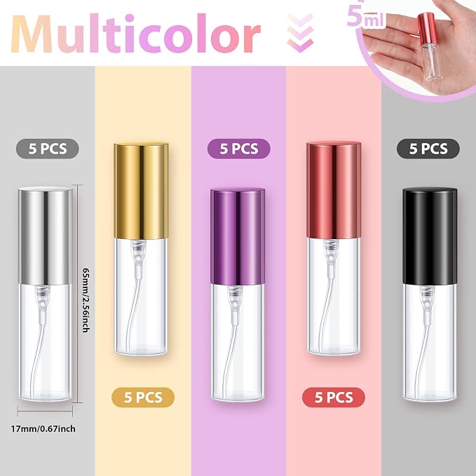 Yinder 25 Pcs 5ml Travel Spray Bottle Refillable Perfume Atomizer Bulk Glass Mini Cologne Perfume Bottles Empty Fine Mist Portable Small Sample Containers(Black, Red, Purple, Gold, Silver)