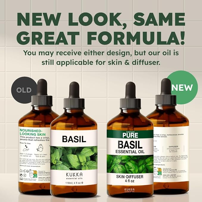 100% Pure Basil Oil - 4 Fl Oz Basil Essential Oil for Hair, Skin, Diffuser, Aromatherapy & DIY Soap Making Scent