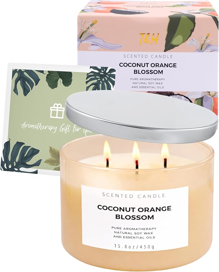 Coconut Orange Blossom Candle | 3-Wick Large Soy Candle 15.8 oz | Creamy Tropical Citrus Floral Scented Candles for Home | Strong Throw, Clean Burn Long Lasting | Aromatherapy Gift for Women