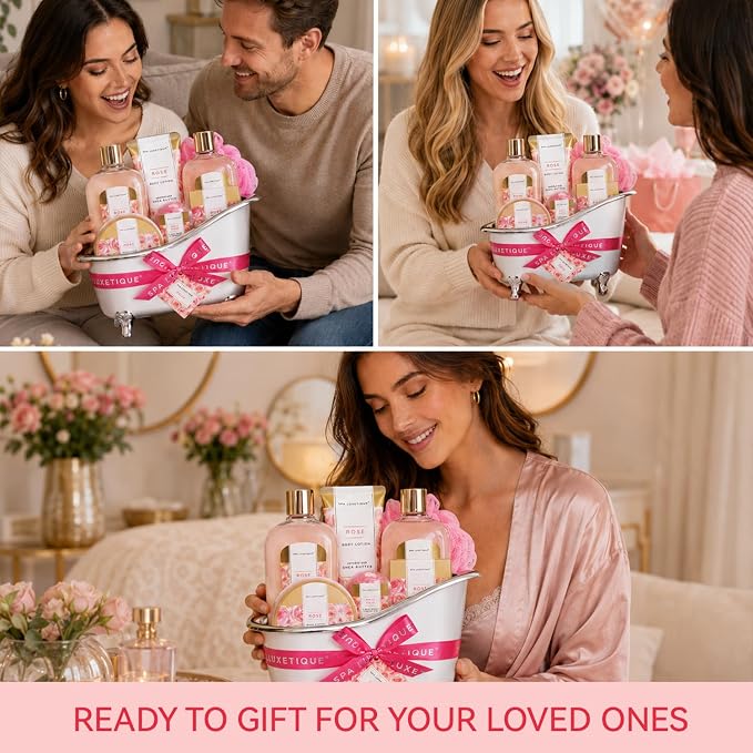 spa luxetique Gift Set For Women, Bath Sets for Women Gift, 8 Pcs Rose Spa Basket Includes Bubble Bath, Shower Gel, Body Lotion, Mom Birthday Gifts, Mother‘s Day Gifts for Her