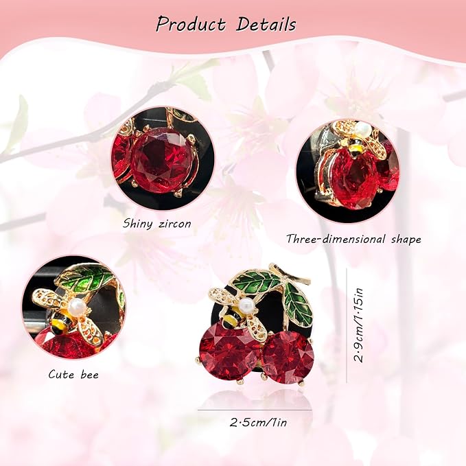 ORIESSE Cherry Car Decor,2pcs Bee Leaf Cherry Car Air Freshener Vent Clips,Cute Retro Sweet Themed DashBoard Decoration Accessories for Women Teens,Refillable Aroma Diffuser