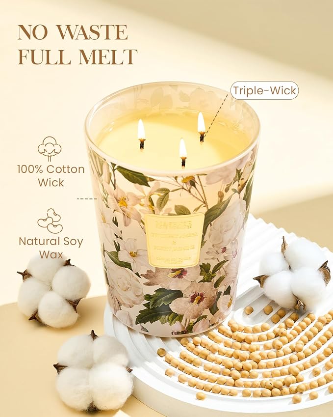 M&SENSE Amber Jasmine Soy Candle, 35oz Non Toxic 3 Wick 150H, Large Warm Floral Aromatherapy, Stress Relief Gift for Women
