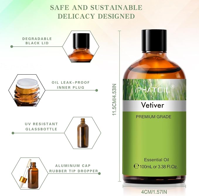 Vetiver 3.38fl.oz Essential Oil, PHATOIL Pure Aromatherapy Oils for Diffuser, Humidifier, Perfect for DIY Soap, Candle, Bath Bombs Making(100ml)