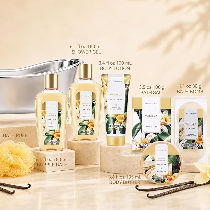 Gift Baskets for Women, Spa Luxetique 8 Pcs Vanilla Mothers Day Gifts for Mom, Birthday Bath and Body Set, Self Care Kit for Her, Including Bubble Bath, Shower Gel, Body Lotion