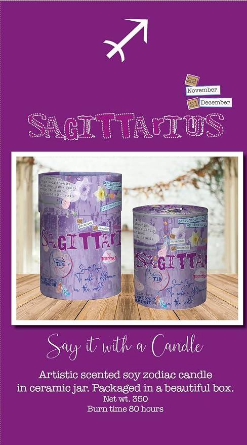 Sagittarius Zodiac Soy Candle – Scented Jasmine Candle in Reusable Ceramic Jar, 12.3 oz, 80-Hour Burn, Clean Burning, Astrology Gift for Sagittarius Birthdays & Special Occasions