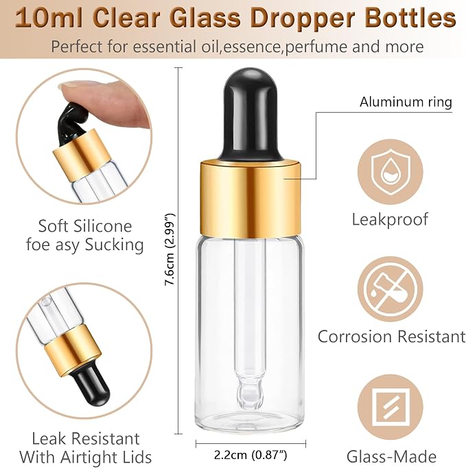 Elfenstall- Empty Clear 10pcs 10ml 1/3oz Mini Glass Bottle Sample Vial Small Essential Oil Bottle with Glass Eye Dropper Refillable Containers