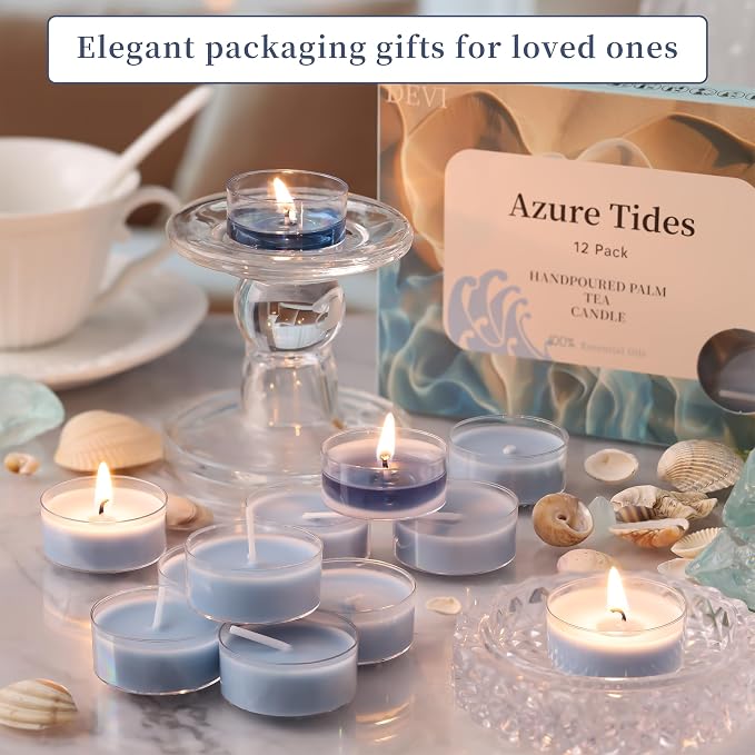 DEVI Ocean Breeze Highly Scented Tea Lights Candles 48 Pack, 3.5-4 Hours Natural Palm Tea Candles for Home Scented, Small Blue Votives with Natural Essential Oils for Gifts