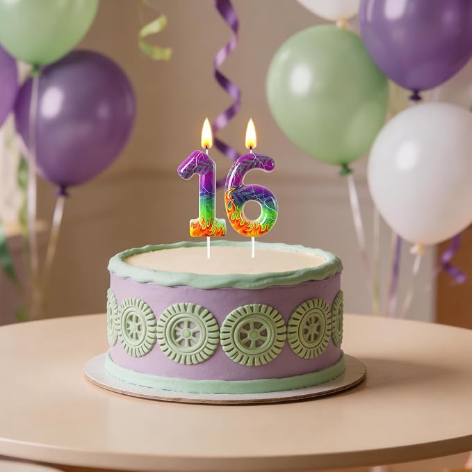 Number 6 Birthday Candle for Cake – Purple Green Flame Design with Lightning & Tire Track Pattern – Off-Road Truck Theme Cake Topper for Birthday Party Decoration